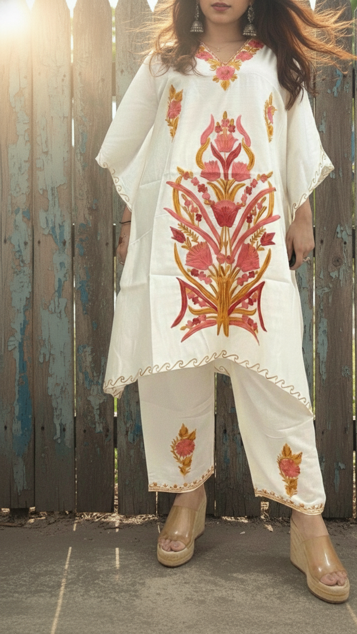 Elegant White Kaftan with Aari Embroidery | Boho Muse