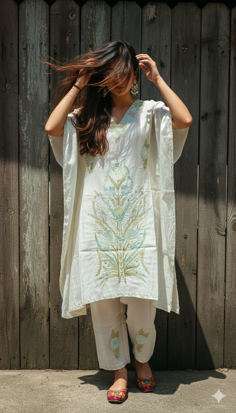 White Kaftan with Light Green Kashmir Aari Embroidery | Boho Muse Collection