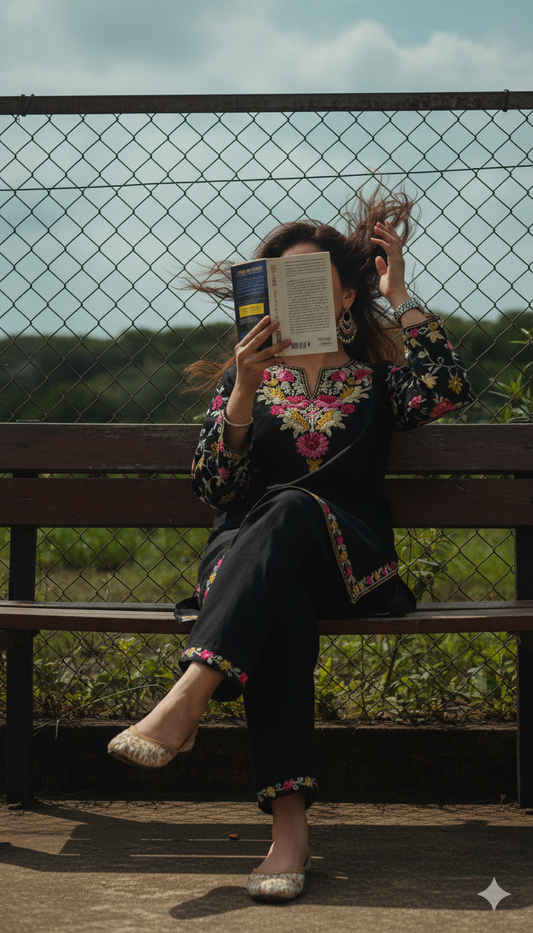 Black Coord Set with Floral Aari Embroidery (Kurti with Pants) |Everyday Ease