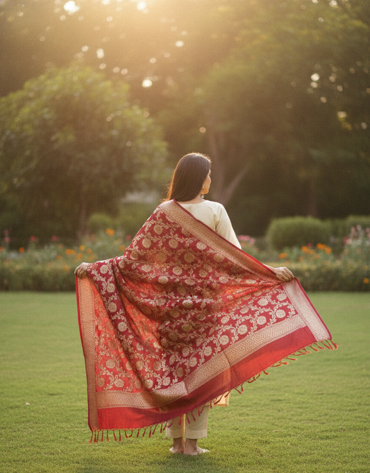 Deep Red Banarasi Dupatta | Silk