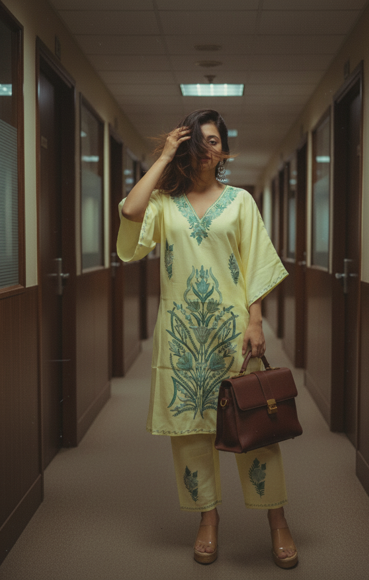 Yellow Kaftan with Green Aari Embroidery | Boho Muse