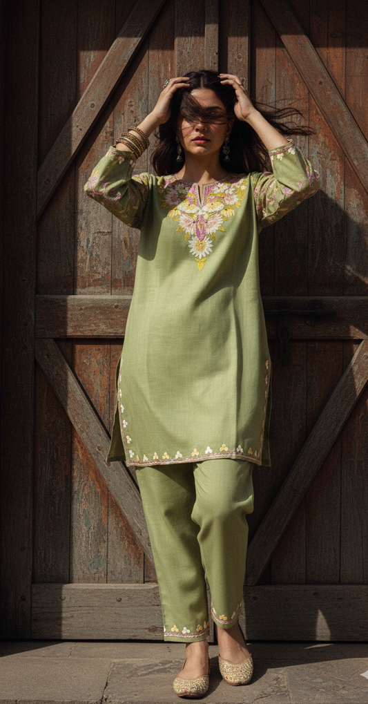 Light Green Coord Set with Foral Embroidery (Kurti with Pants) | Everyday Ease