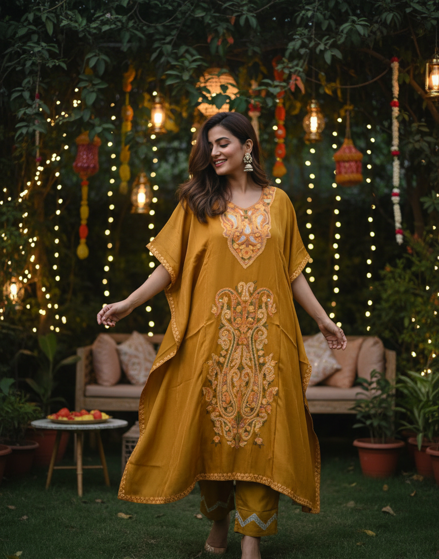 Mustard Aari Embroidered Kashmiri Kaftan with Pants | Haldi Ceremony
