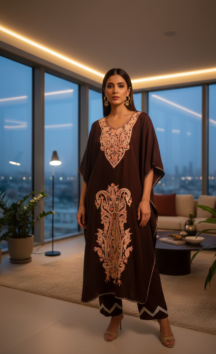 Deep Brown Super Marisa Kashmiri Kaftan with Pants | Ladies Sangeet Outfit