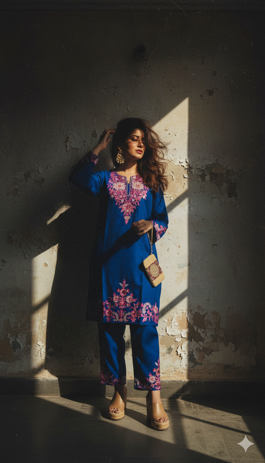 Blue Coord Set with Floral Embroidery (Kurti with Pants) | Everyday Ease
