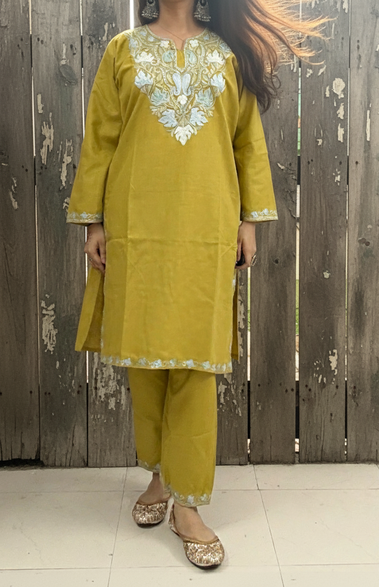 Mustard Coord Set with Pastel Embroidery | Everyday Ease