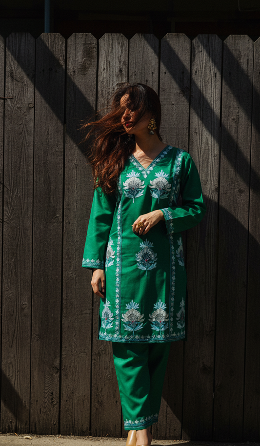 Green Coord Set with Floral Embroidery (Kurti with Pants) | Everyday Ease