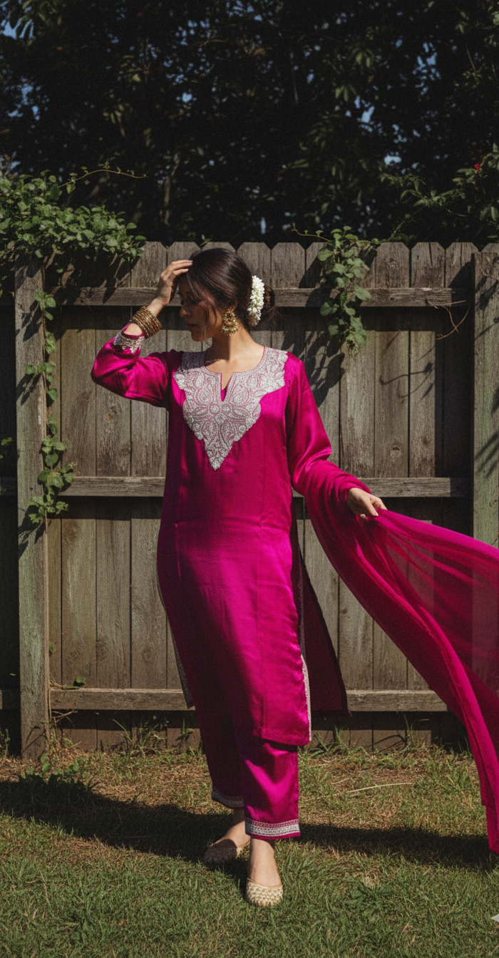 Bright Magenta Satin Suit Set (Kurta, pants and Dupatta) | Ladies Sangeet Outfit