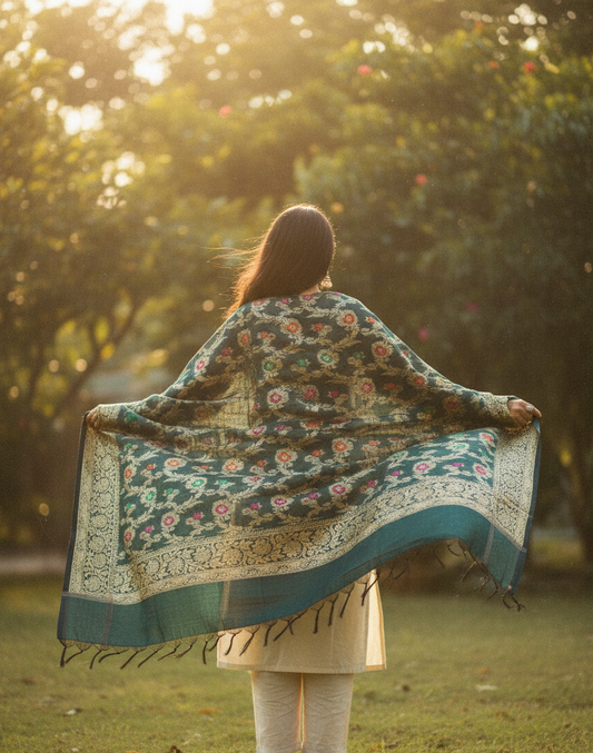 Forest Green Dupatta | Multicolor Work