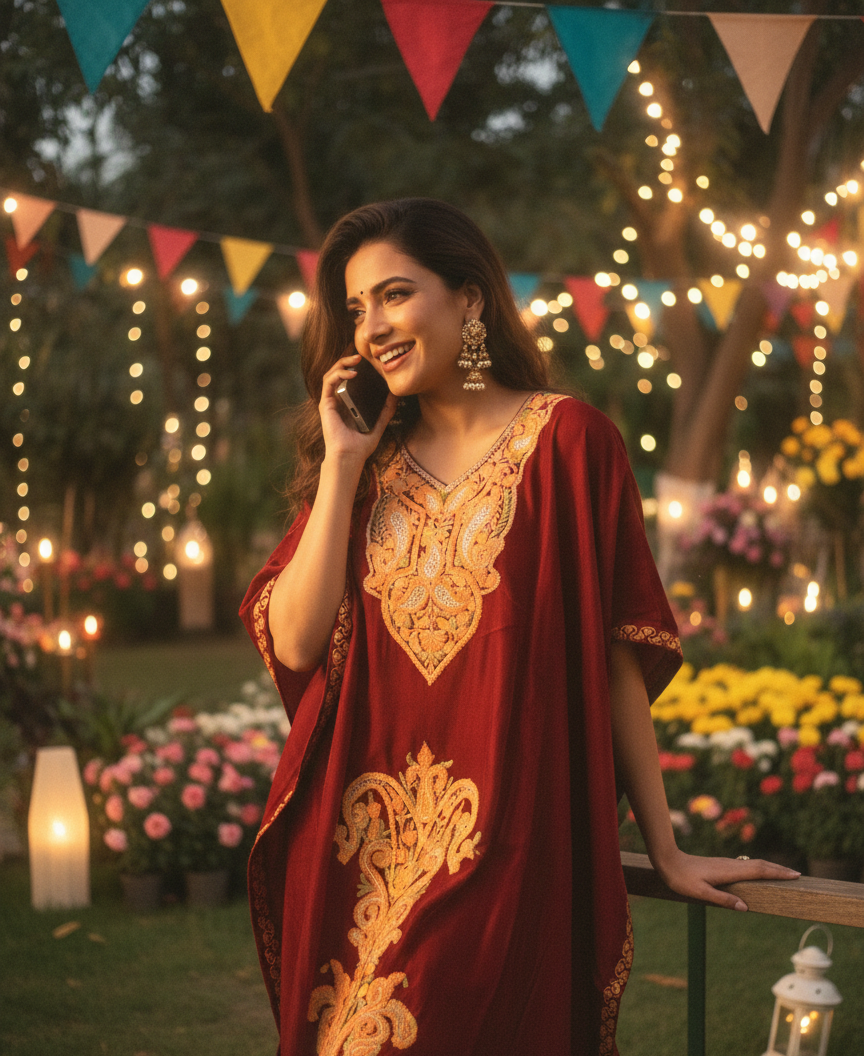 Crimson Kashmiri Embroidered Kaftan with Pants | Ladies Sangeet Outfit