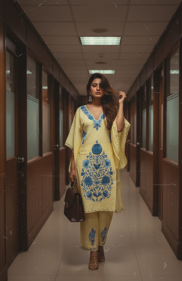 Yellow Kaftan with Blue Aari work | Boho muse