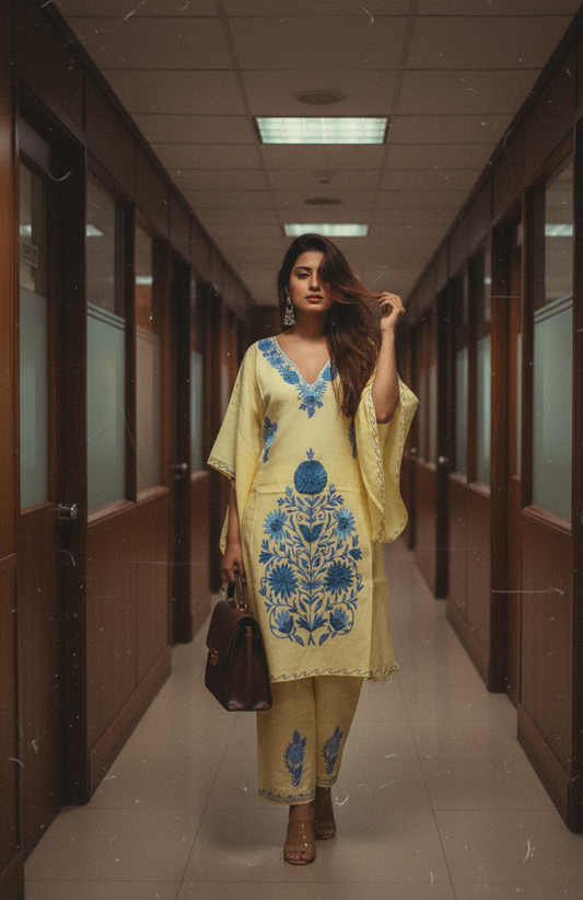 Yellow Kaftan with Blue Aari work | Boho muse