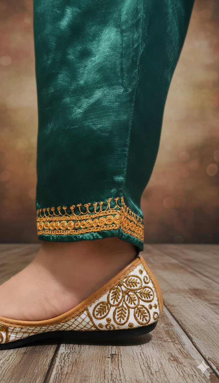 Satin Bottle Green Suit (Kurta, pants and dupatta) | Exclusive Collection