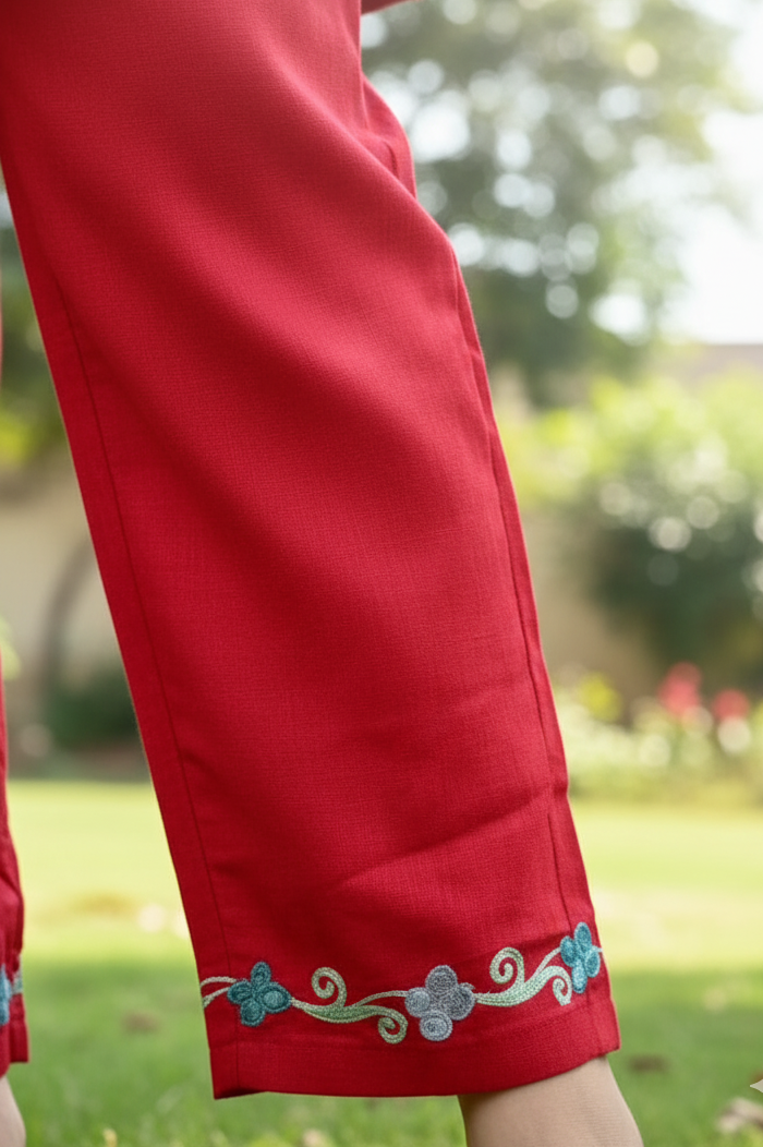 Red Coord Set with Colorful Embroidery (Kurti with Pants) | Everyday Ease