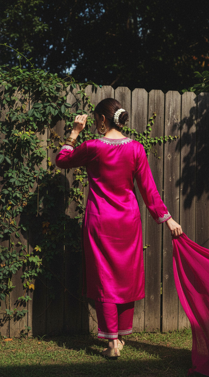 Bright Magenta Satin Suit Set (Kurta, pants and Dupatta) | Ladies Sangeet Outfit