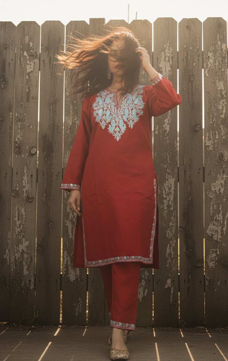 Deep Red Coord Set with Off white Aari Embroidery | Everyday Use