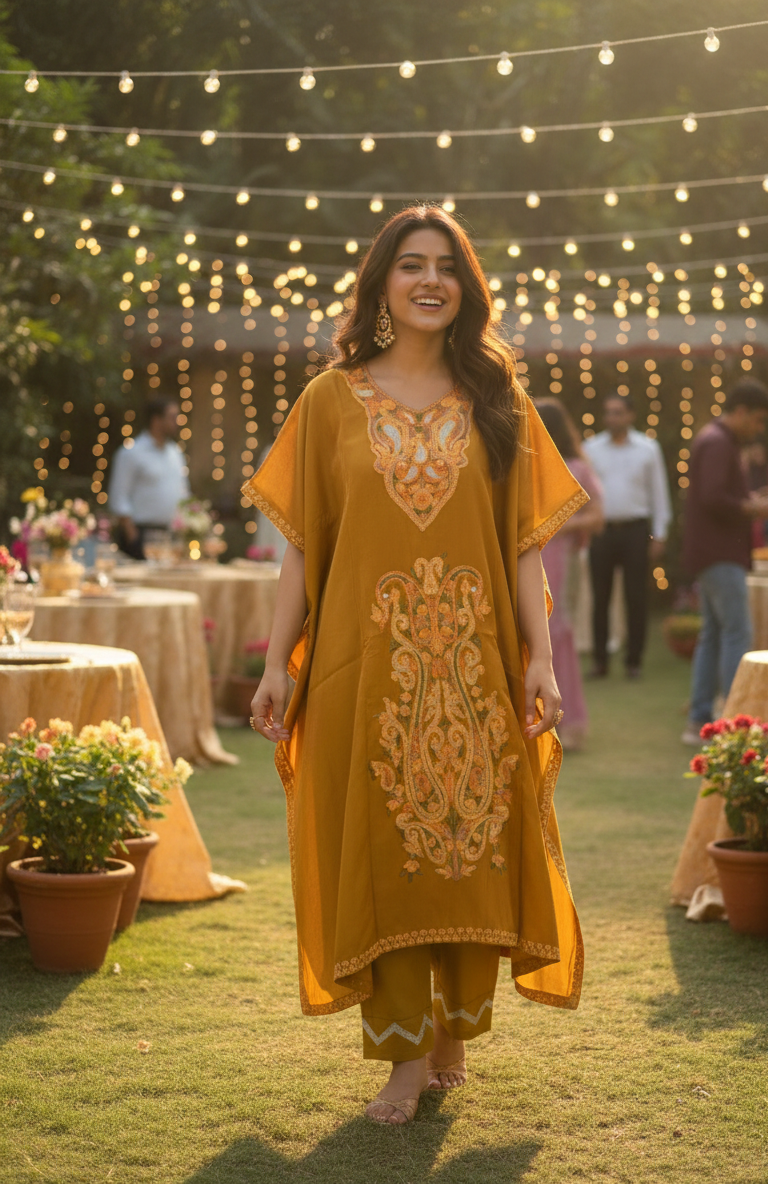 Mustard Aari Embroidered Kashmiri Kaftan with Pants | Haldi Ceremony