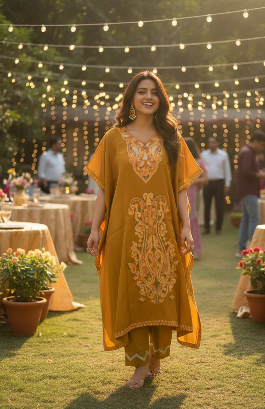 Mustard Aari Embroidered Kashmiri Kaftan with Pants | Haldi Ceremony