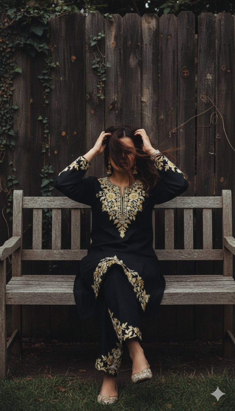 Black Coord Set with Beige Embroidery (Kurti with Pants) | Everyday Ease