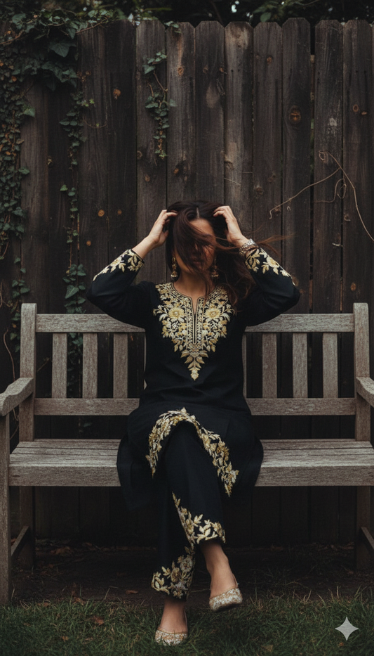 Black Coord Set with Beige Embroidery (Kurti with Pants) | Everyday Ease