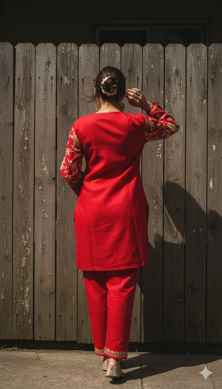 Red Coord set with Floral Embroidery (Kurti and Pants) | Everyday Ease