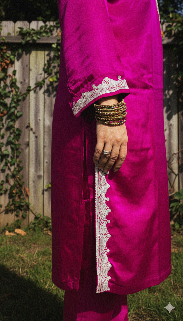 Bright Magenta Satin Suit Set (Kurta, pants and Dupatta) | Exclusive Collection