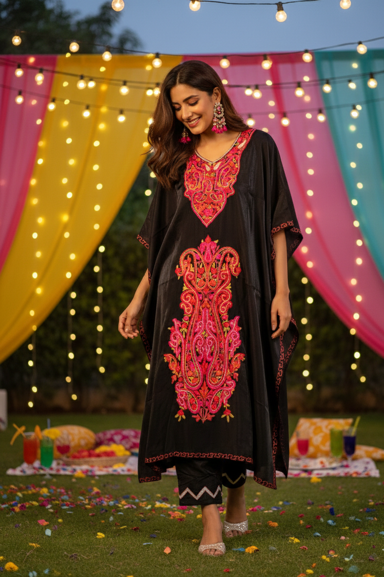 Midnight Bloom Kashmiri Kaftan with Pants | Ladies Sangeet Outfit