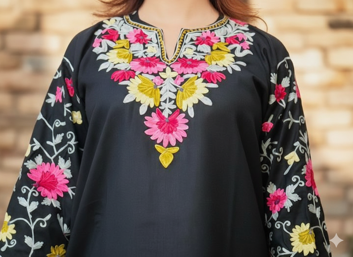 Black Coord Set with Floral Aari Embroidery (Kurti with Pants) |Everyday Ease
