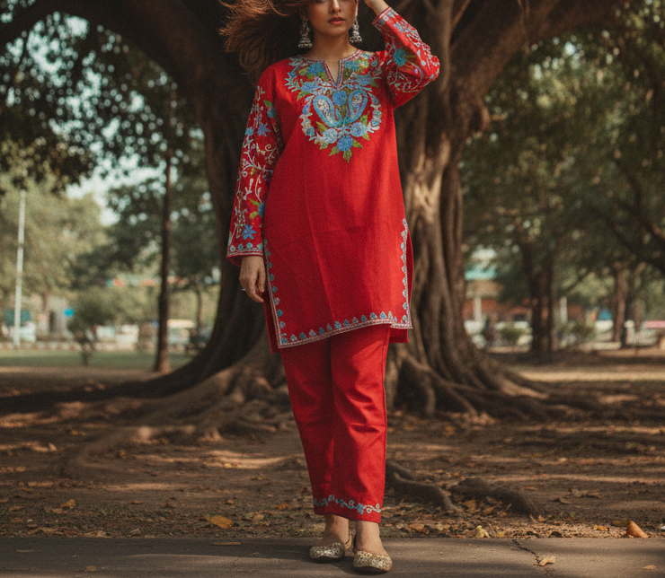 Red Coord Set with Colorful Embroidery (Kurti with Pants) | Everyday Ease