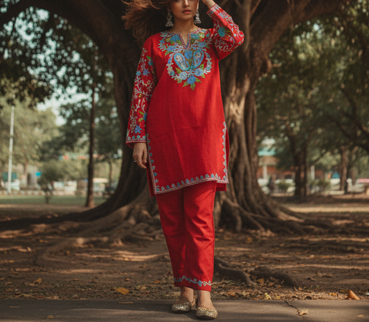 Red Coord Set with Colorful Embroidery (Kurti with Pants) | Everyday Ease