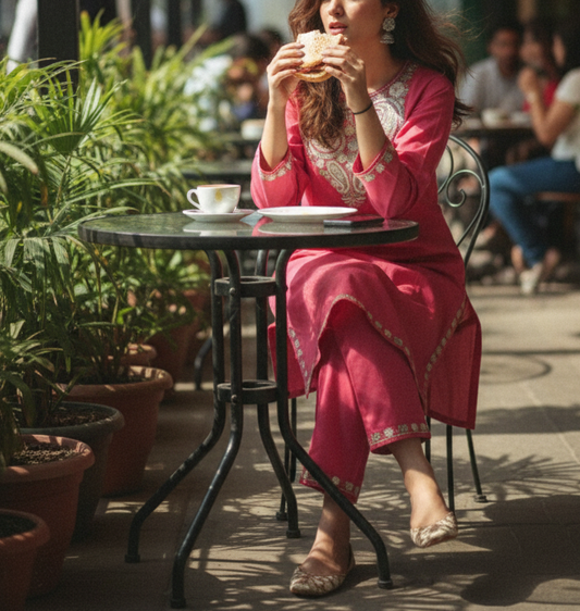 Coral Rose Coord Set with Beige Aari Embroidery | Everyday Use