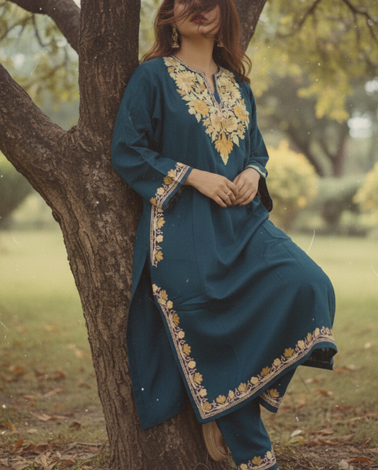 Kashmiri Phiran with Pants - Teal Blue with Flower Embroidery | Woolen | Winter Collection
