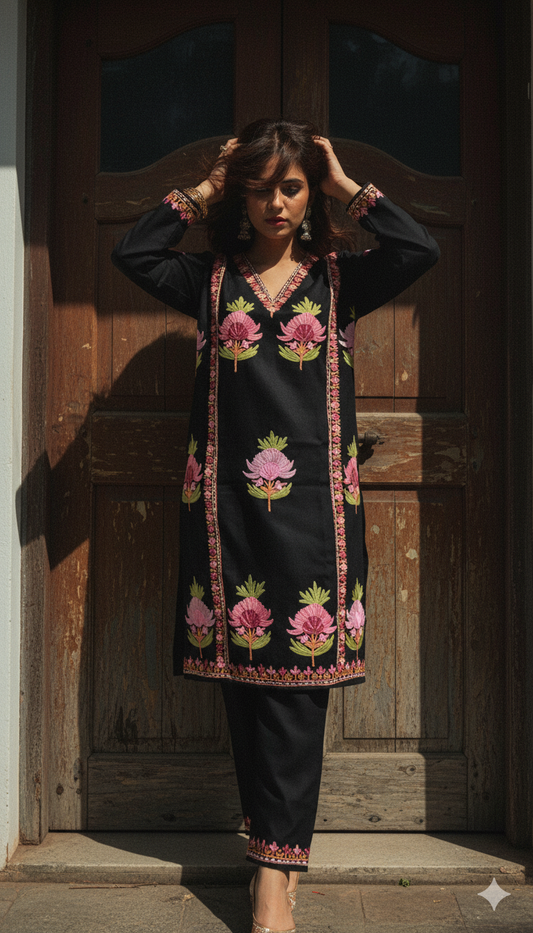 Black Coord Set with Floral Embroidery (Kurta with Pants) | Everyday Ease