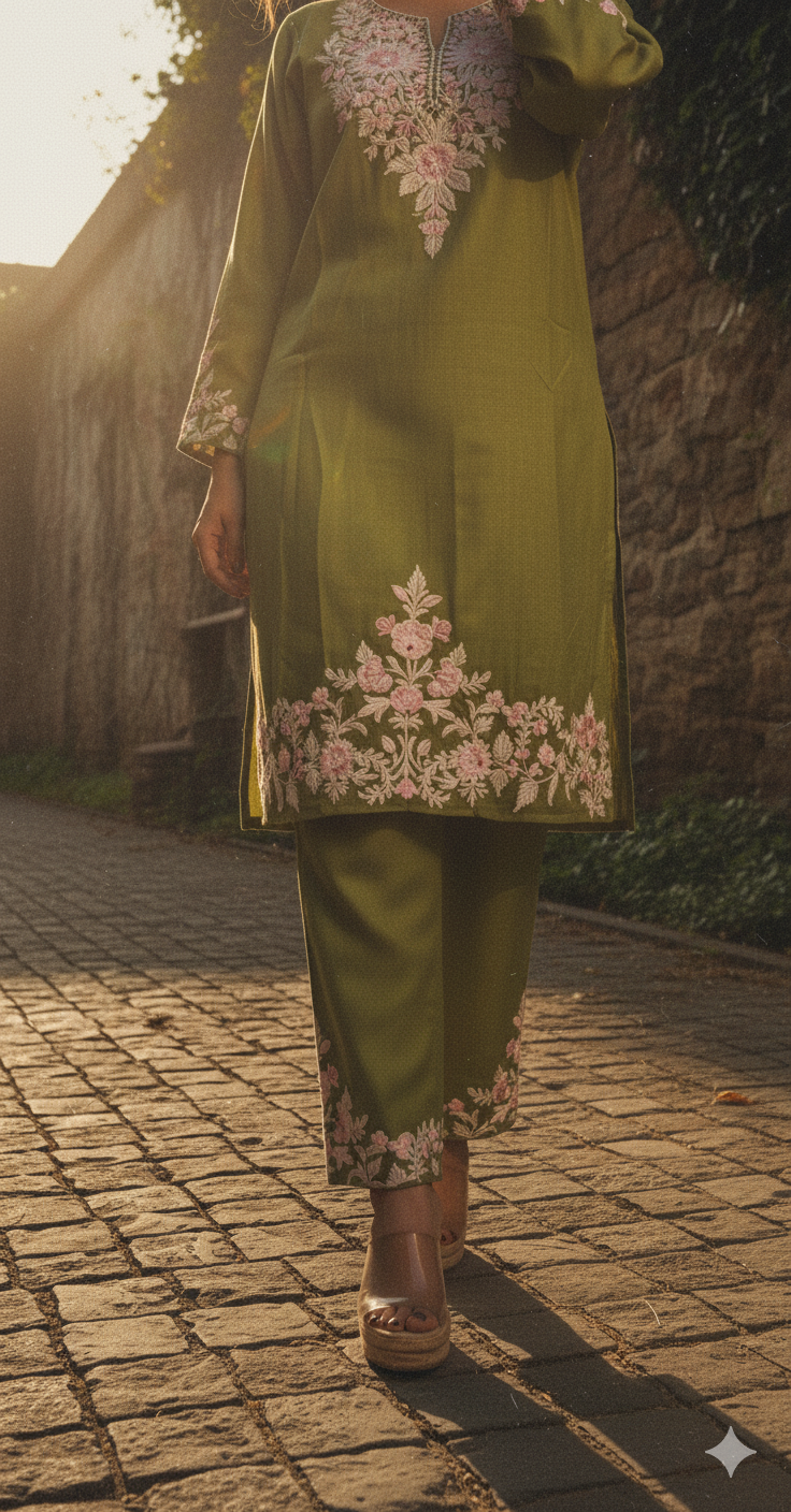Light Green Coord Set with Pink and Cream Embroidery (Kurti with Pants) | Festival Collection