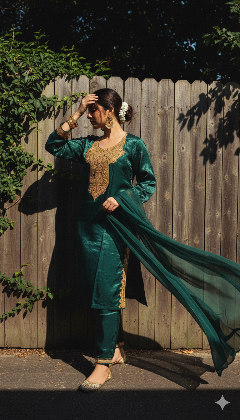 Satin Bottle Green Suit (Kurta, pants and dupatta) | Exclusive Collection