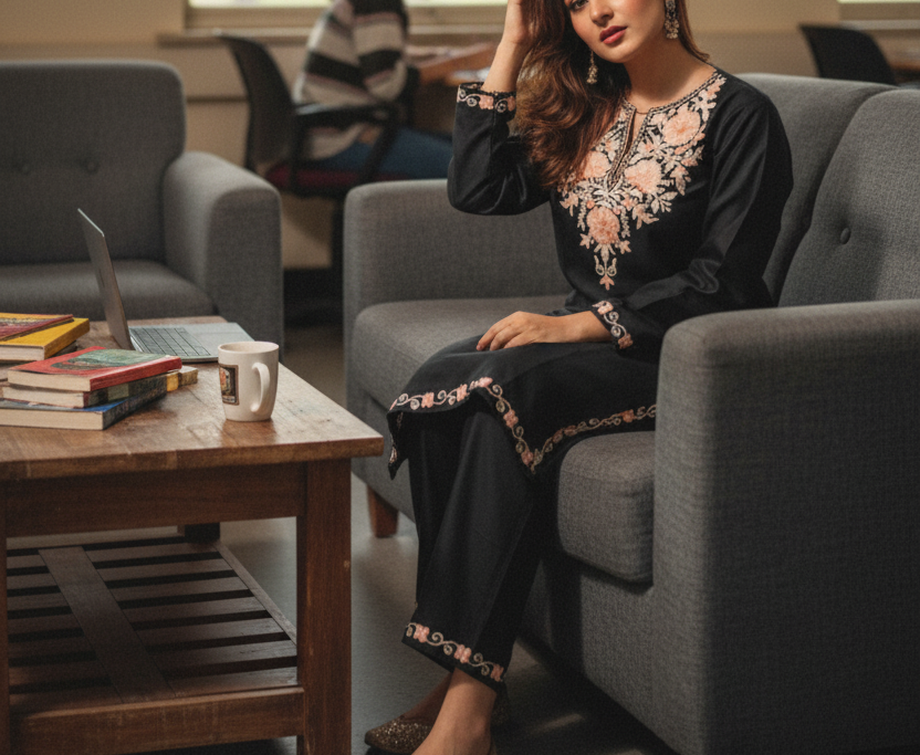 Jet Black Coord Set with Peach Aari Embroidery | Everyday Ease