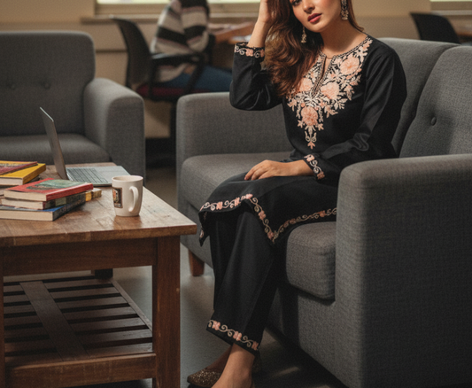 Jet Black Coord Set with Peach Aari Embroidery | Everyday Ease