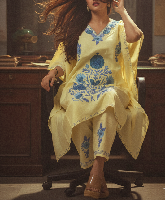 Yellow Kaftan with Blue Aari work | Boho muse