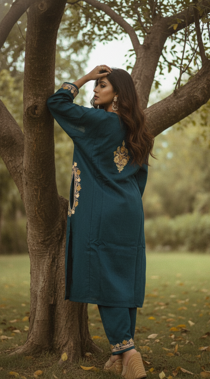 Kashmiri Phiran with Pants - Teal Blue with Flower Embroidery | Woolen | Winter Collection