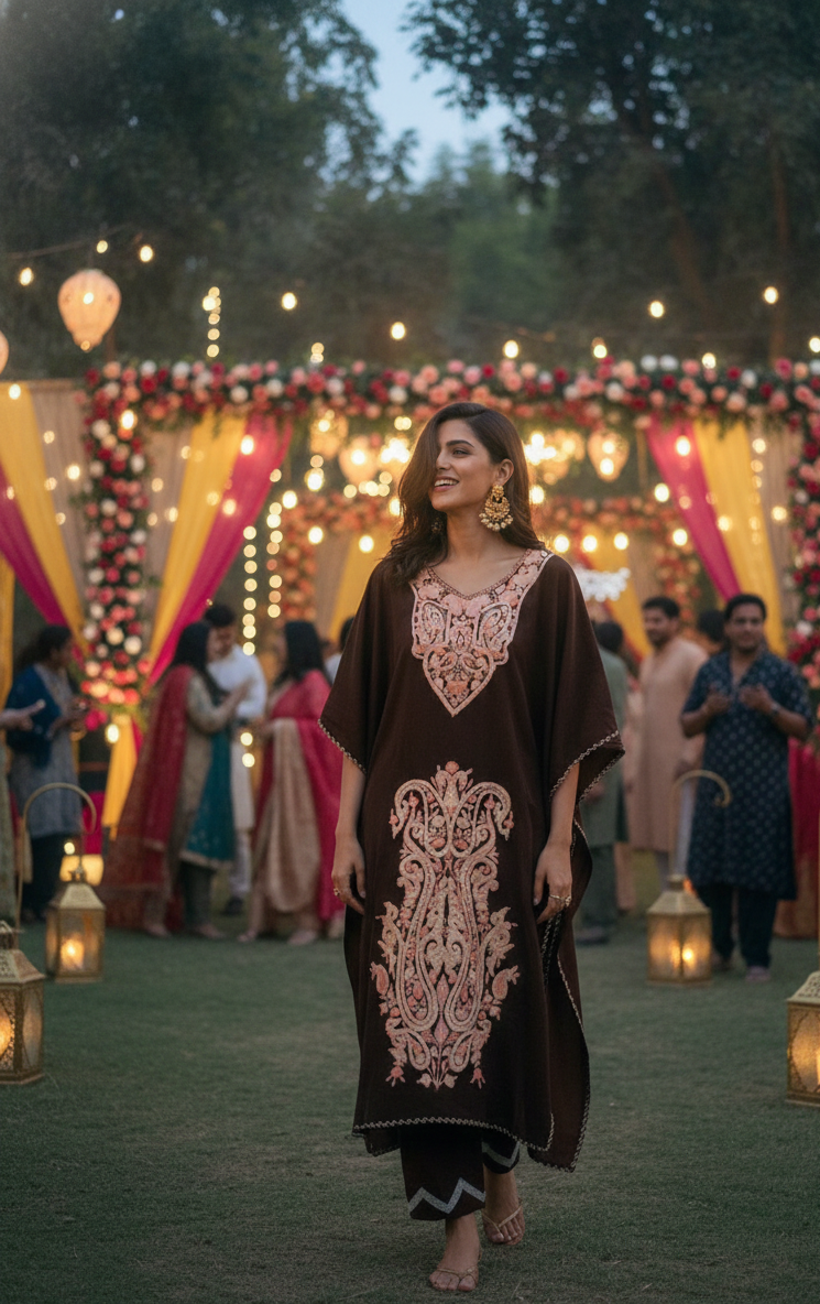 Deep Brown Super Marisa Kashmiri Kaftan with Pants | Ladies Sangeet Outfit