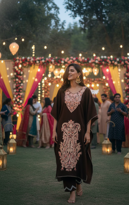 Deep Brown Super Marisa Kashmiri Kaftan with Pants | Ladies Sangeet Outfit