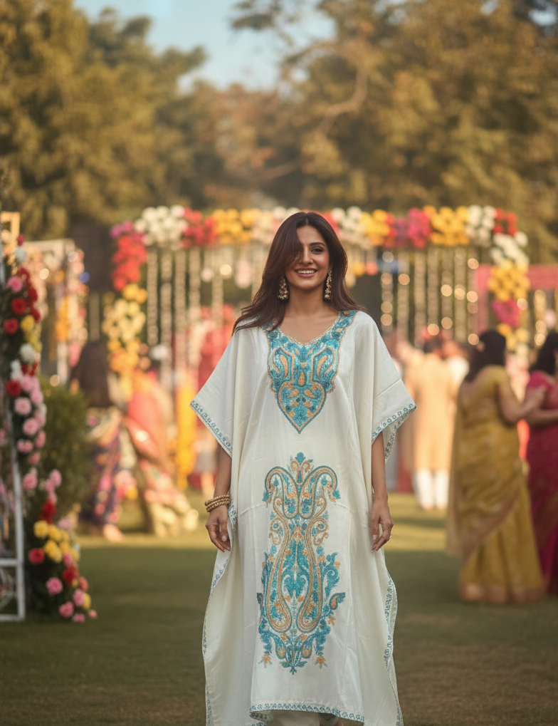 Ivory Aari Embroidered Kashmiri Kaftan| Mehendi Ceremony Oufit