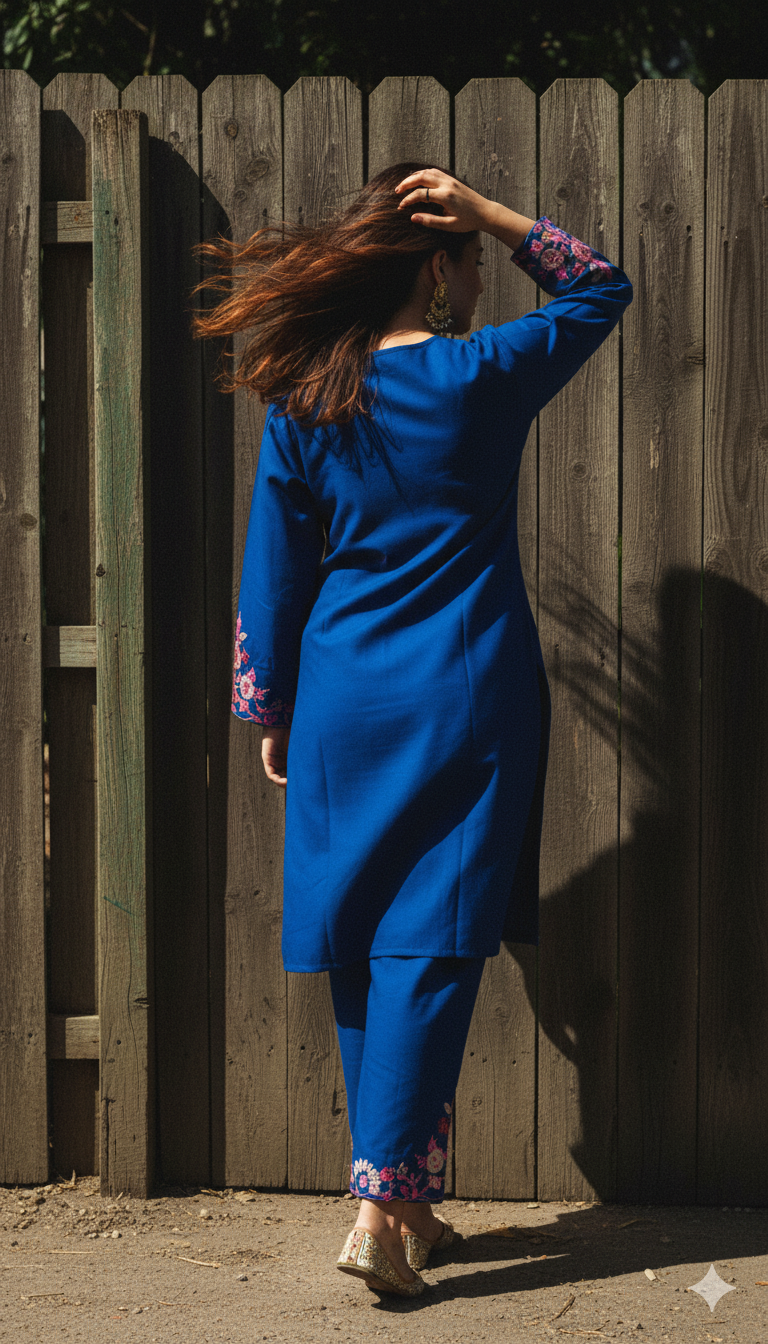 Blue Coord Set with Floral Embroidery (Kurti with Pants) | Everyday Ease