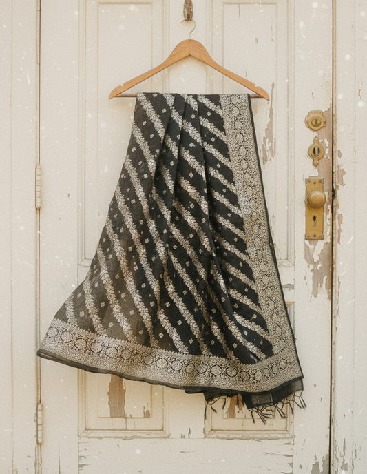 Classic Black Dupatta with Silver Zari Floral Weaving | Banarasi Silk