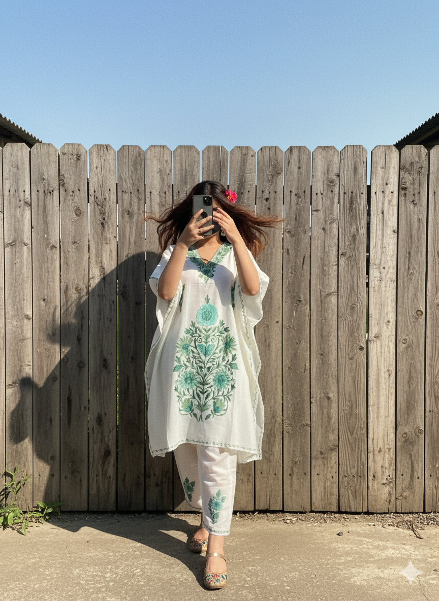Stylish White Kaftan with Green Kasmir Aari Embroidery | Boho Muse Collection