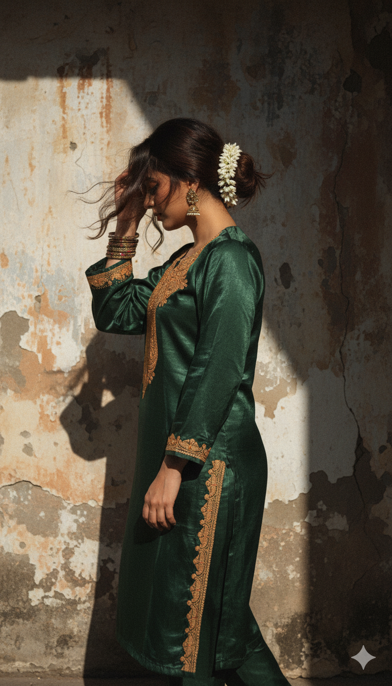 Satin Bottle Green Suit (Kurta, pants and dupatta) | Exclusive Collection