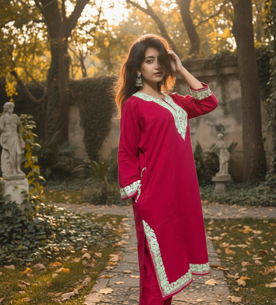 Kashmiri Phiran with Pants-Fuchsia Pink | Woolen Muse