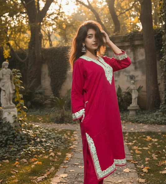 Kashmiri Phiran with Pants-Fuchsia Pink | Woolen Muse