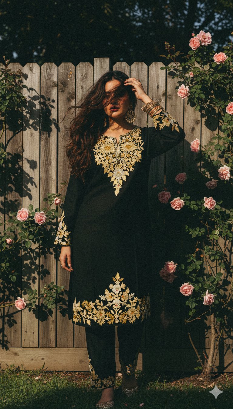 Black Coord Set with Beige Embroidery (Kurti with Pants) | Everyday Ease