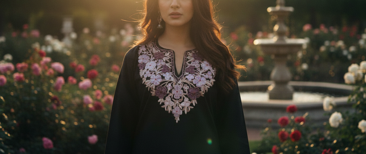 Black kurta delicate lavender and white floral patterns | Everyday Ease